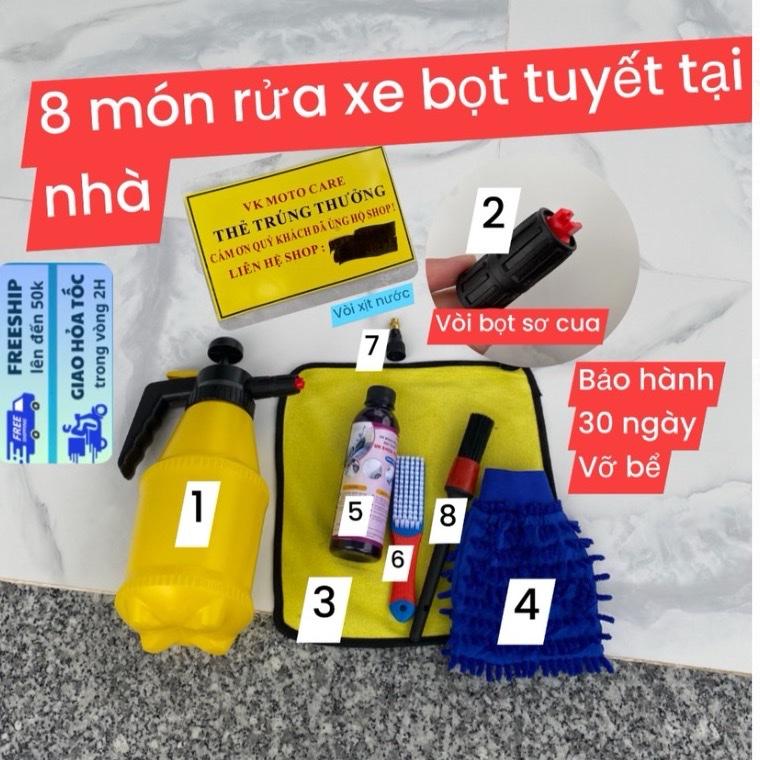  8 đổi bình trắng thành bình vàng  bình xịt bọt tuyết kèm chai xà bông rửa xe bọt tuyết và 1 vòi bọt tuyết sơ cua 1 vòi xịt nước và dụng cụ rửa xe khăn bao tay,bàn chải cây cọ rửa căm máy tạo Phụ Kiện tỉ lệ pha 1:50 