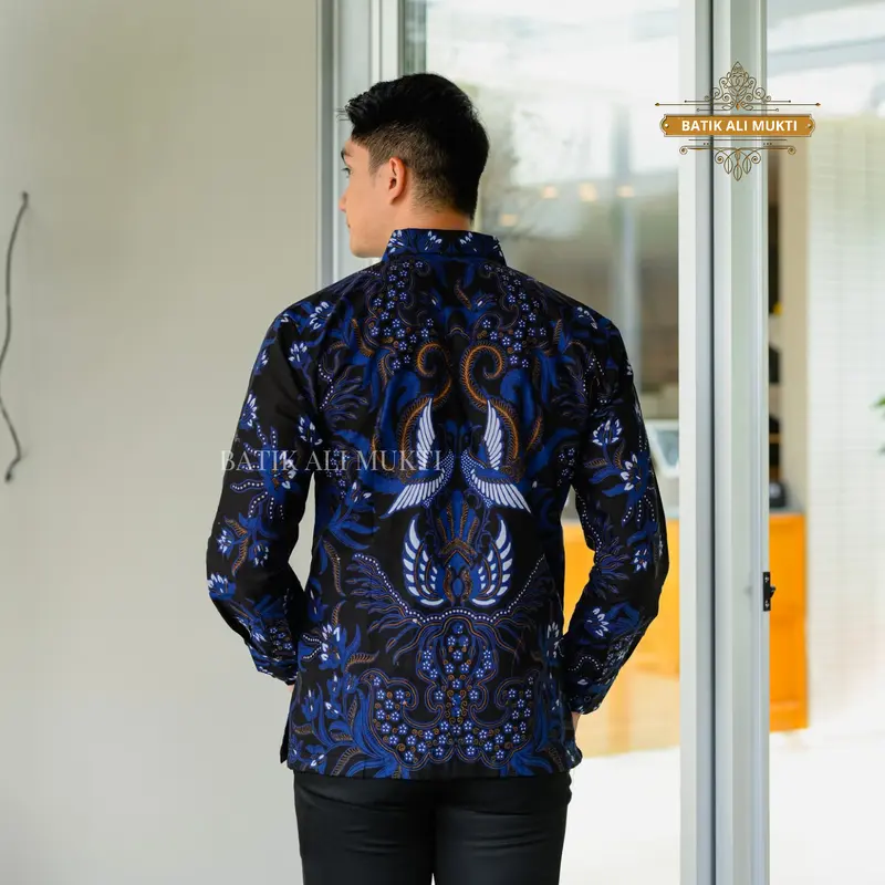 Batik Pria Lengan Panjang Baju Kemeja Kondangan Anak Muda Katun Halus Furing Motif Gurdo Biru Navi 4