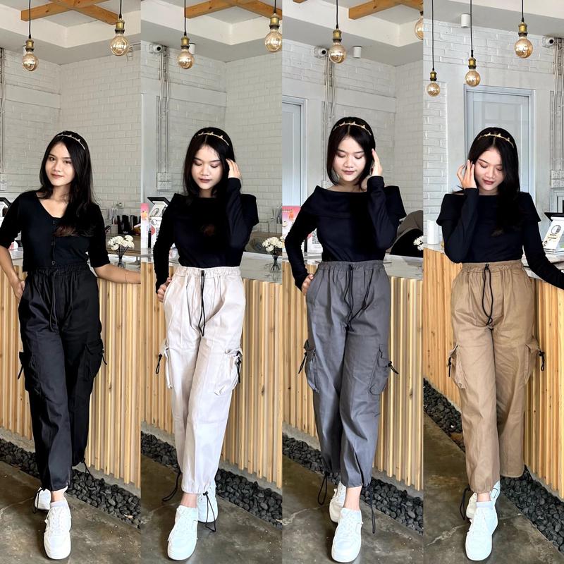 Product Introduction of Erona_id - Celana Panjang Kiya & Rora Cargo Drill Wanita Dewasa Skena Outfit dengan Pinggang Karet dan Band Ikat Model Casual Kekinian Berbahan Drill - 5 Varian Warna Hits Terkini dan 4 Pouch/Kantong 3