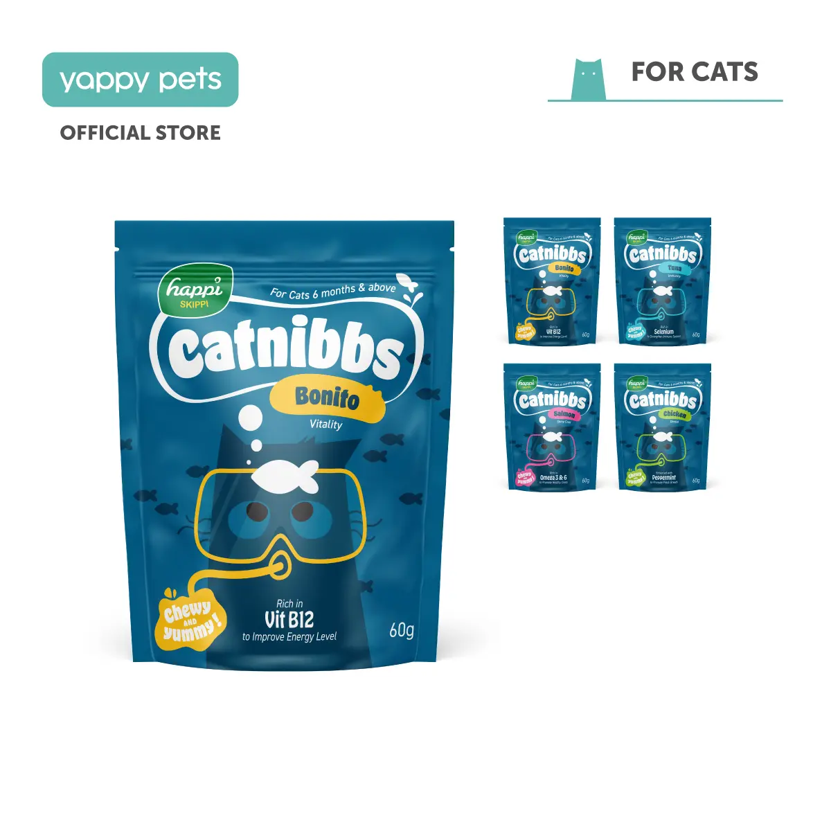 Happi Skippi Catnibbs Soft & Chewy Cat Treats 60g | content superfood taurine fish oil coconut oil seaweed functional treats cat dental cleaning chew