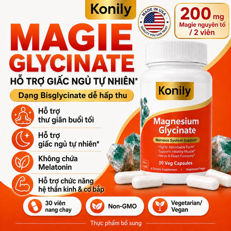 [Konily] Magnesium Glycinate 200mg | Magie Bisglycinate dễ hấp thu | Hỗ trợ thư giãn buổi tối & giấc ngủ tự nhiên | Không chứa Melatonin | 30 viên nang chay