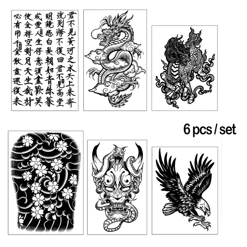 Bộ Hình Xăm Dán Tạm Thời, Hình Ảnh Lớn Mới, 6 Tờ / bộ, Thơ Trung Quốc Ma Thuật, Kỳ Lân, Rồng, Đại Bàng, prajna, Cánh Tay Hoa Anh Đào, Không Thấm Nước, 7-15 Ngày, Thích Hợp Cho Nam Giới, Hình Xăm Giả, Hình Xăm Tạm Thời Lâu Trôi 7