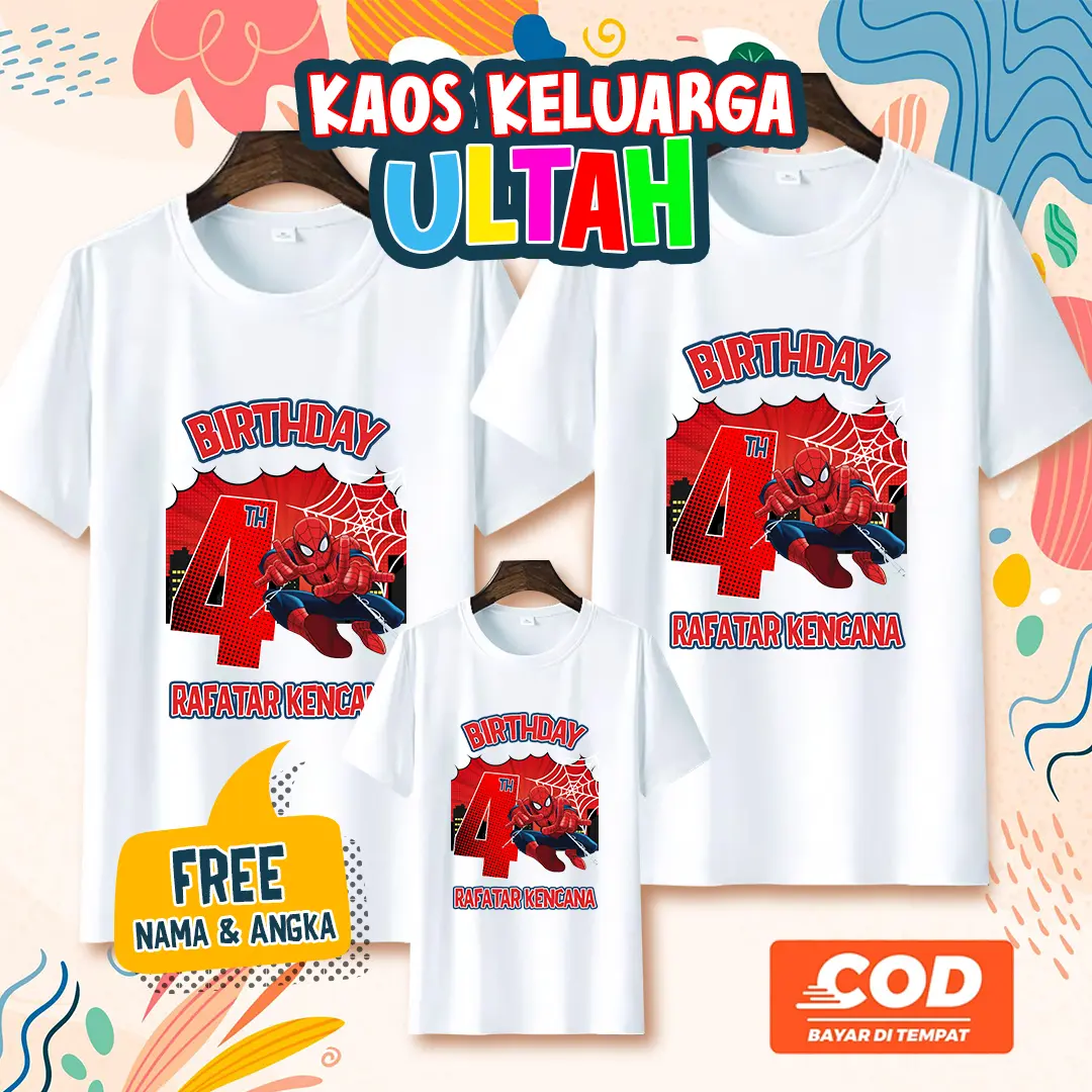 BAJU KAOS CUSTOM BIRTHDAY FAMILY ULANG TAHUN KELUARGA COUPLE PASANGAN IBU DAN ANAK PRIA DAN WANITA BAHAN KATUN MOTIF SPIDERMAN