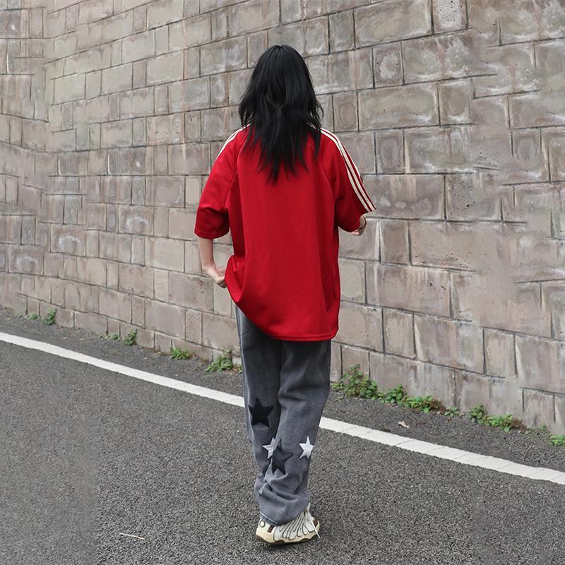Product Introduction of Summer Heavy Embroidery American Retro V-neck Sports Casual Red Jersey Korean Short Sleeve Women's High Street Loose Couple T-shirt Fashion Brand Ins New Half Sleeve Men's Racing Clothes Top Black Basketball Shirt 29