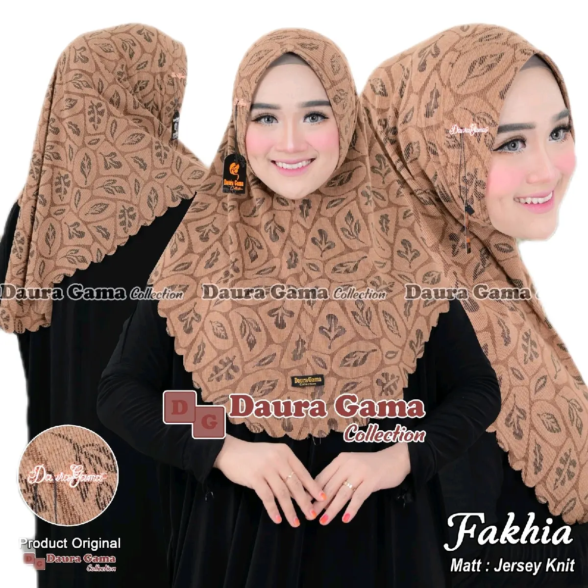 Alfiera - FAKHIA Bergo Instant Hijab Ped sabit jersey knit Motif Daun by Dauragama Instan