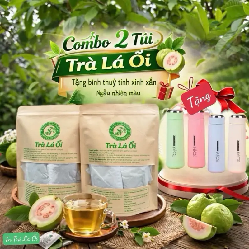 Combo 2 túi trà lá ổi 60 gói tặng bình thuỷ tinh xinh xắn nhiều mẫu mã Chè Nước Trà Tea