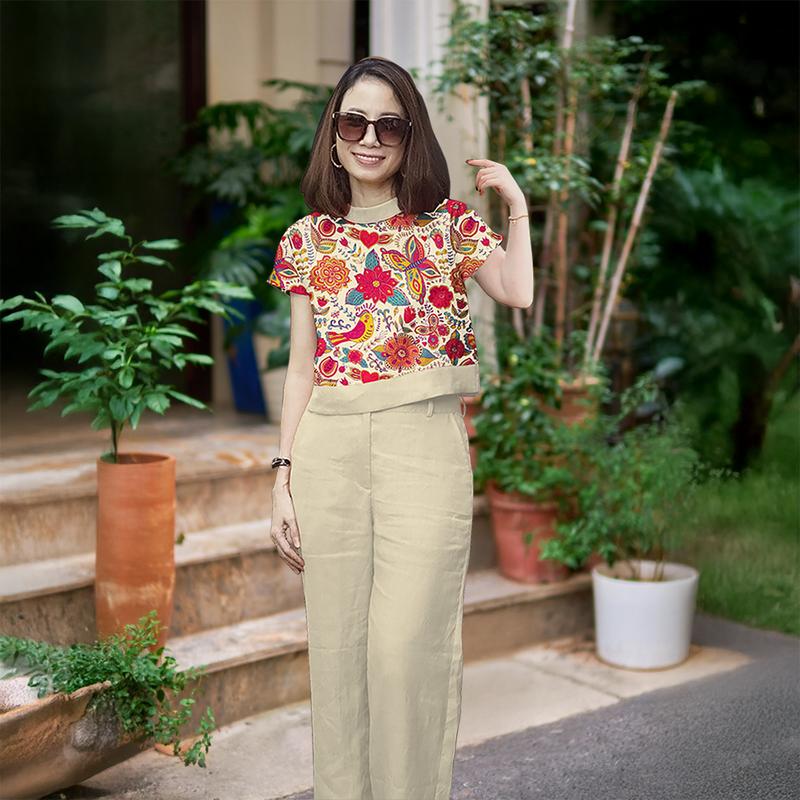 Set bộ nữ LION [45-85kg], Bộ nữ áo hoạ tiết in sang trọng, quần dáng suông, đồ bộ trung niên cho mẹ chất liệu đũi tơ xước, thoáng mát, không co rút