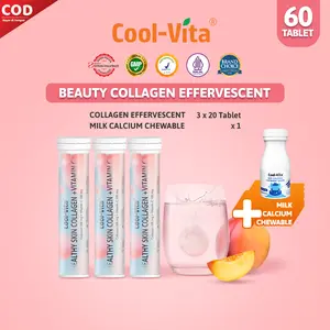 [MCN - 60+1CAL] 60 Tablet (3 Tube) Coolvita Collagen Effervescent (1 Tube @20 Tablet) + 1 Botol Calsium Chewable Rasa Susu - Tablet Kunyah | Mengandung 500mg Fish Collagen dan 100mg Vit C per Tube | Membantu Menjaga Kesehatan Kulit