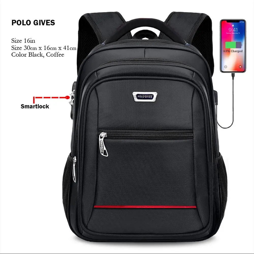 POLO GIVES Backpack Laptop Import Tas Ransel Sekolah SD SMP SMA Tas Ransel Pria Formal Tas USB Tas Punggung Anti maling kunci 3 angka+ Bonus Raincover