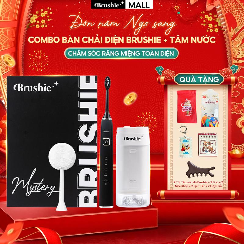   FLASH SALE GIỚI HẠN  Combo Tăm nước mini Brushie SuperClean và bàn chải điện Brushie Ultra Plus chính hãng tích hợp đầu rửa mặt - TẶNG 2 TÚI TẾT MÀU ĐỎ BRUSHIE + 2 LƯỢC MASSAGE NÂU + 2 BỘ 5 LÌ XÌ + 2 LỊCH MINI + 2 MÓC KHÓA TẾT 