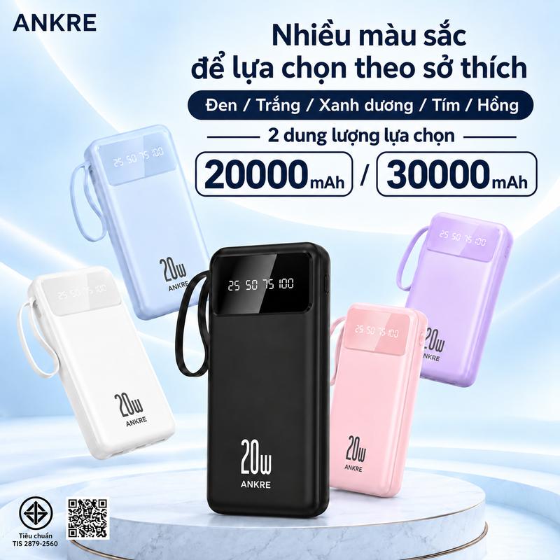 Pin Sạc Dự Phòng ANKRE 20000mAh 30000mAh Sạc Nhanh 20W, Màn Hình LED Hiển Thị Pin, Nhỏ Gọn Có Dây Đeo, Nhiều Màu