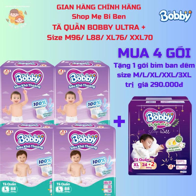 MUA 4 TẶNG 1 BỈM ĐÊM Tã Bỉm Quần Bobby ULTRA+ siêu khô thoáng M96 L88 XL76 XXL68 miêng