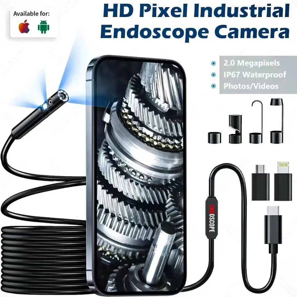 W300 Mini Endoscope Camera 1080P Single&Dual 8MM Lens Hard Cable Waterproof Car Sewer Inspection Borescope For IOS or Type c Adjustable Android Phone Smartphone Cellphone