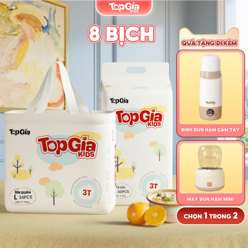8 BỊCH (TẶNG QUÀ) Tã/Bỉm cho bé, bỉm TopGiaKids pH < 7 ngừa hăm, đai chun đệm mây mềm mại co dãn 4 chiều, thấm hút bề mặt khô thoáng size S đến XXXL cho bé từ 4-20kg kem (bỉm)