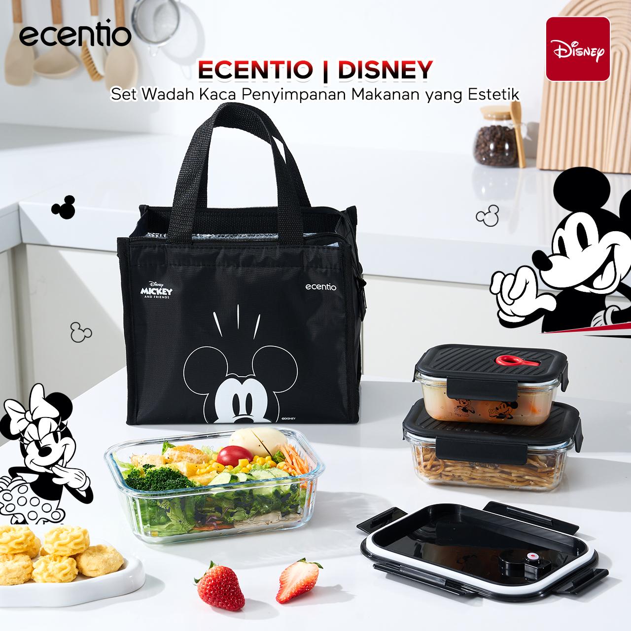 【Live Exclusive】 ecentio Food Container Mickey Mouse 3pcs & Tas Portable,410ml+700ml+1050ml Toples Kaca Mudah Dibersihkan,Tas Penyimpanan Portabel Kapasitas Besar,Cocok untuk bekal makanan