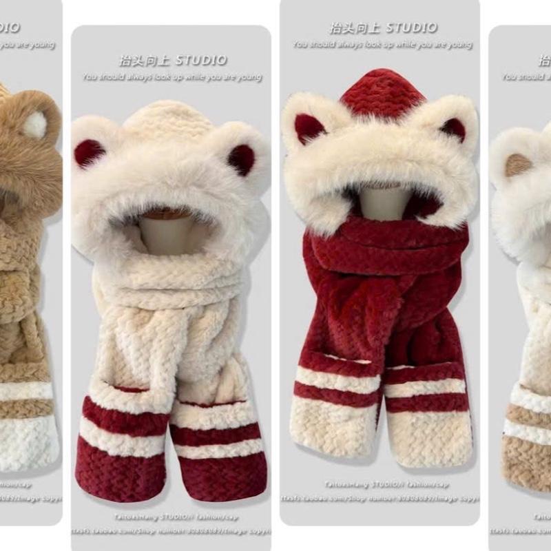  Mũ Lông 3in1 Thêu Hình Nơ XinhBộ găng tay khăn quàng cổ mũ Mũ len nữ ấm áp mùa đông dày dặn ấm áp Sừng Ram Mũ bảo vệ tai thỏ dễ thương Thu đông 