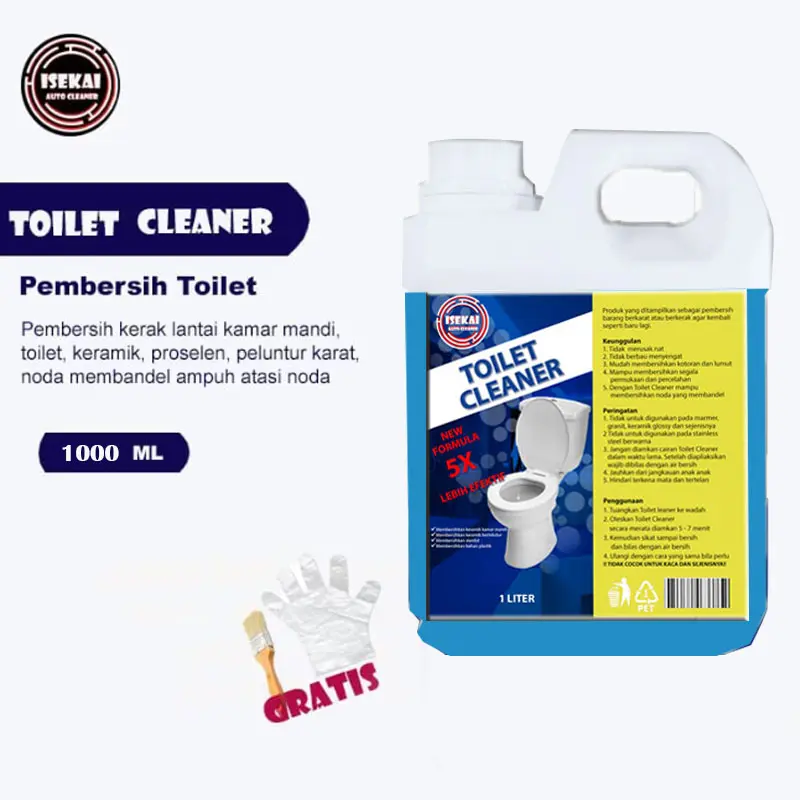 Toilet Cleaner Pembersih Serbaguna 1 Liter Efektif untuk Kerak Toilet Kloset Keramik Besi Stainless & Plastik Hemat Waktu dan Tenaga Kemasan Lengkap dengan Kuas dan Sarung Tangan