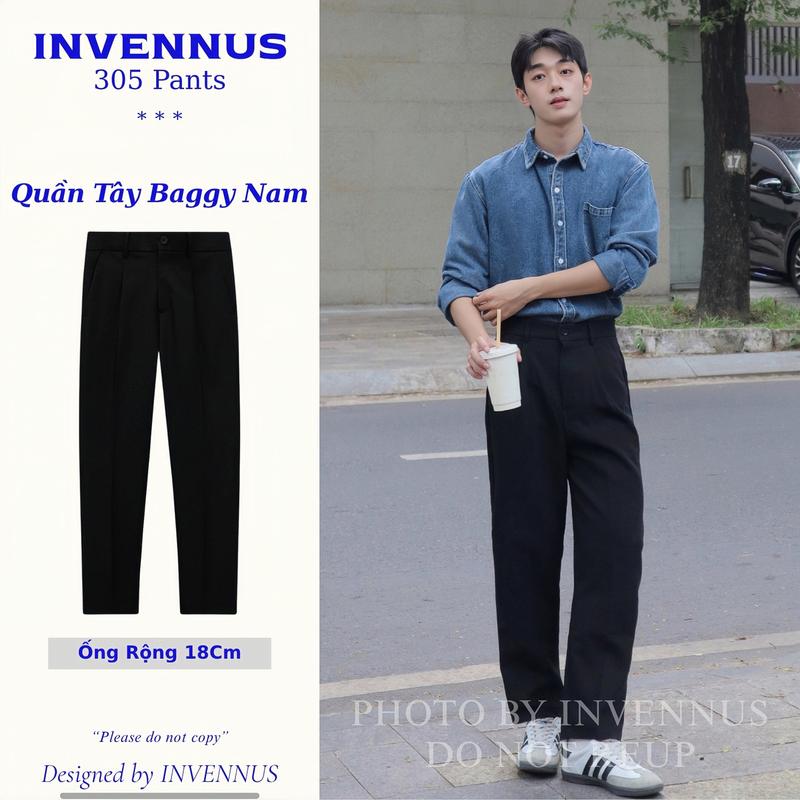 [308] - Quần tây ống rộng INVENNUS, Cạp điều chỉnh - Smart Pants - Sidetab, quần âu ống suông phong cách hàn Menswear Nam Đen Nhung