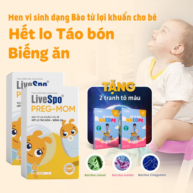 [Tặng 2 tranh] Combo 2 hộp Men vi sinh cho Trẻ LiveSpo PREGMOM - 60 tỷ bào tử lợi khuẩn hỗ trợ giảm táo bón rối loạn tiêu hóa, Chậm Tăng Cân Cho Bé  (Hộp 20 ống) (lưu ý chọn đúng biến thể để nhận được quà)