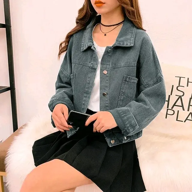 Jaket Jeans Semi Crop Oversize - XXL Wanita Outer Denim Panjang Cewek Keren Casual Simple Formal Nyaman 0
