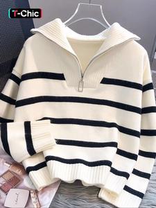 Suéter deportivo de rayas gruesas para mujer, pulóver con cierre de cremallera y manga larga, top casual de corte holgado para otoño e invierno, estilo corto