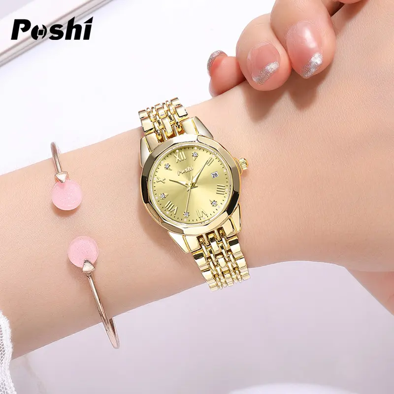 Đồng Hồ Thạch Anh Vàng, Chính Hãng, Dành Cho Nữ, Kim Cương Giả Mới, Không Thấm Nước, Dây Đeo Bằng Thép Không Gỉ, Đồng Hồ Nữ Sang Trọng 0