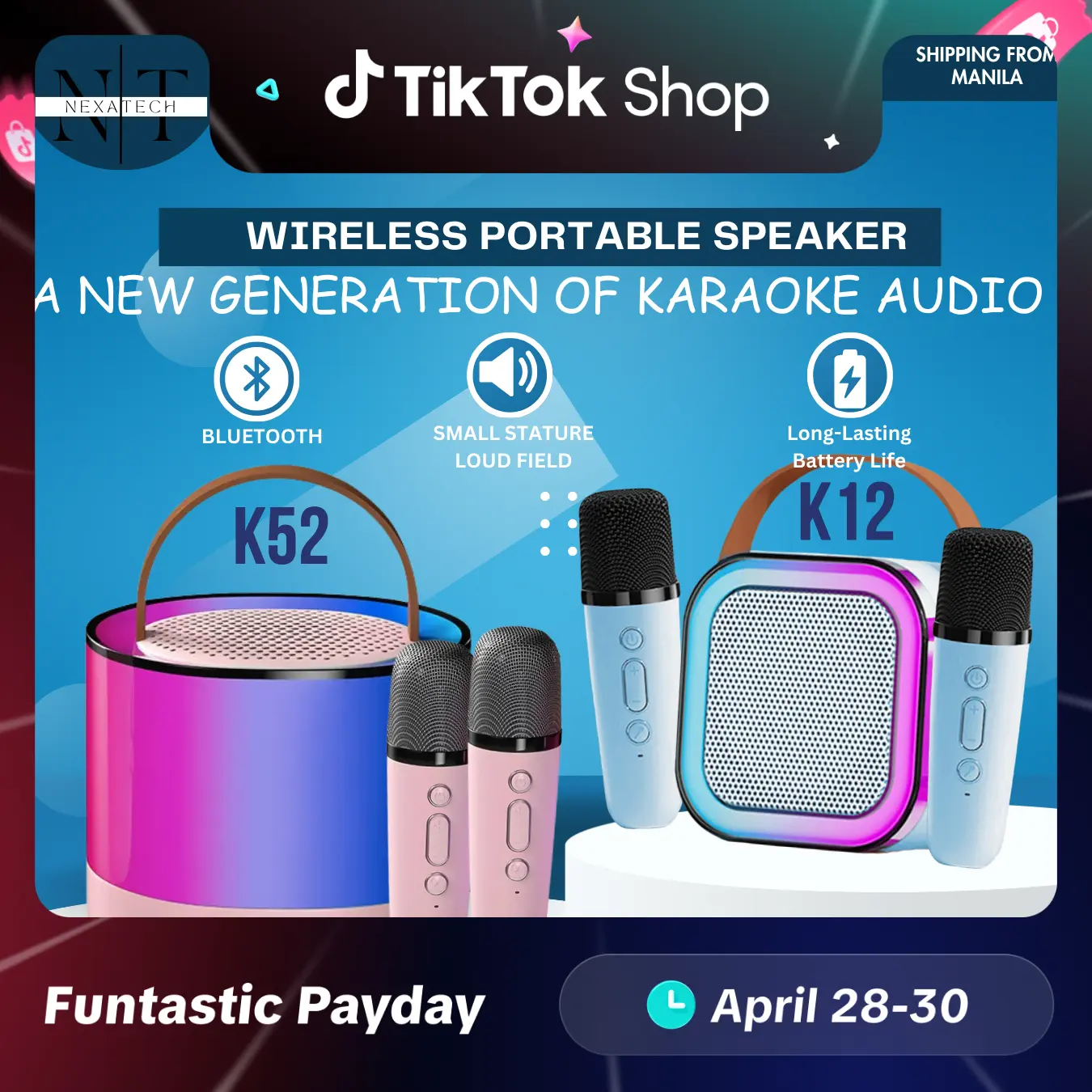 NexaTech - K12 and k52 Karaoke All In One Microphone Speaker: Bluetooth Connectivity, Dual Microphone Inputs, Rechargeable Lithium-ion Battery, and Dynamic LED Light Show Audio Smartphone Colorful Portable Wireless Cable