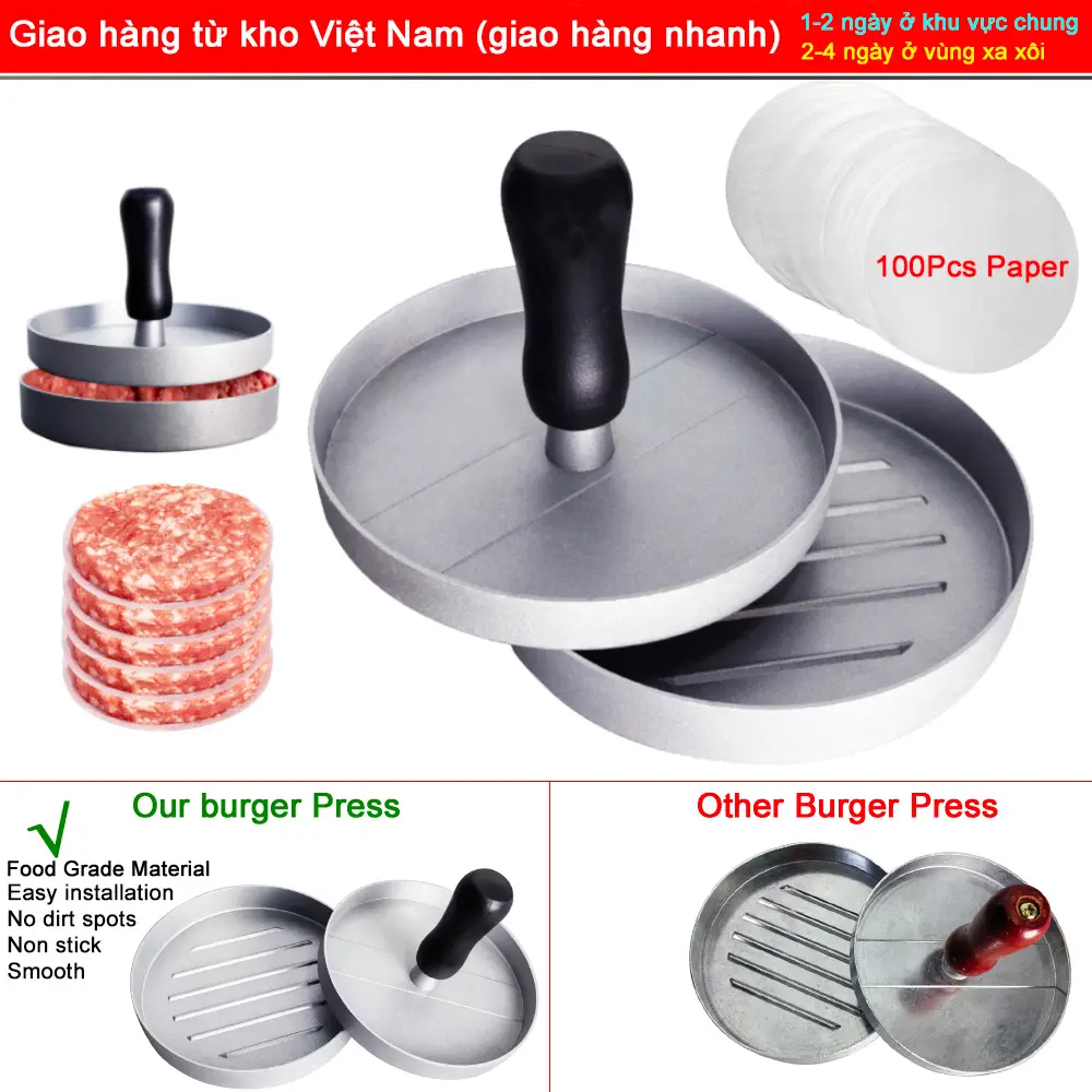 【Giao hàng trong nước】Máy Ép Bánh Hamburger, 12cm, Chất Liệu Hợp Kim Nhôm, Với 100 Tờ Giấy Bánh, Khuôn Thịt Bò Nướng Bánh Burger, Khuôn Thực Phẩm Nhà Bếp