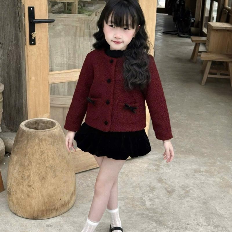  S300- Bộ Áo Dạ Lông Cừu Dày Dặn Kèm Chân Váy Nhung Bồng Bóng Cho Bé Gái 8kg-30kg Chất Liệu Dạ Lông Cừu CV Nhung Đen Giãn Có 