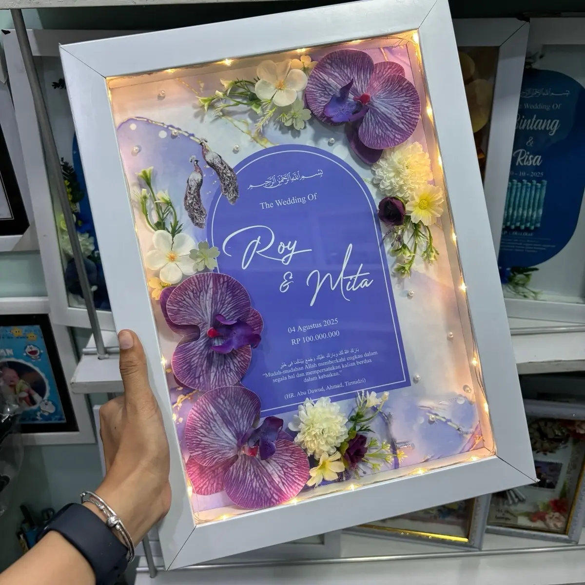 Bingkai mahar pernikahan semi resin art elegan 40 cm x 30 cm free lampu