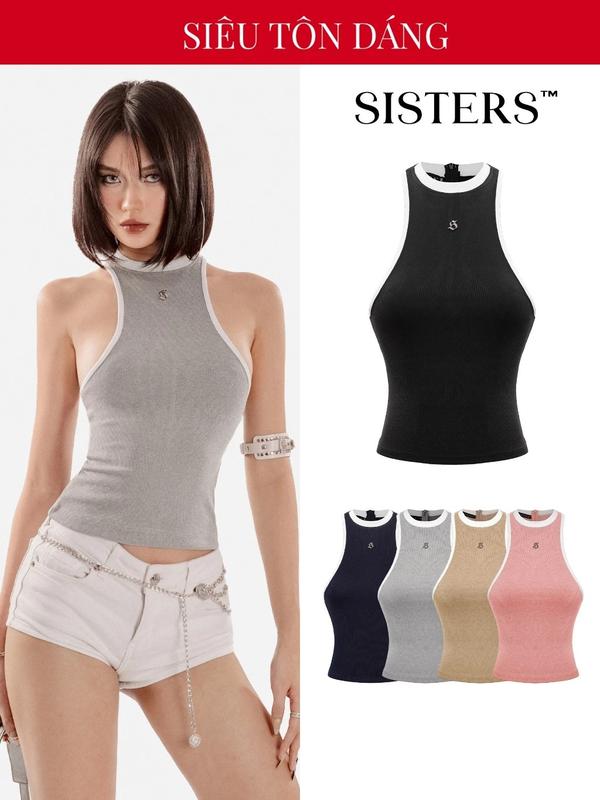  Áo ba lỗ nữ khoét sâu dáng dài SISTERS màu đen xám phối viền trắng ôm sát cơ thể quyến rũ Fencii SIS-CLUB | SISTERS MALL - SS24-T16 