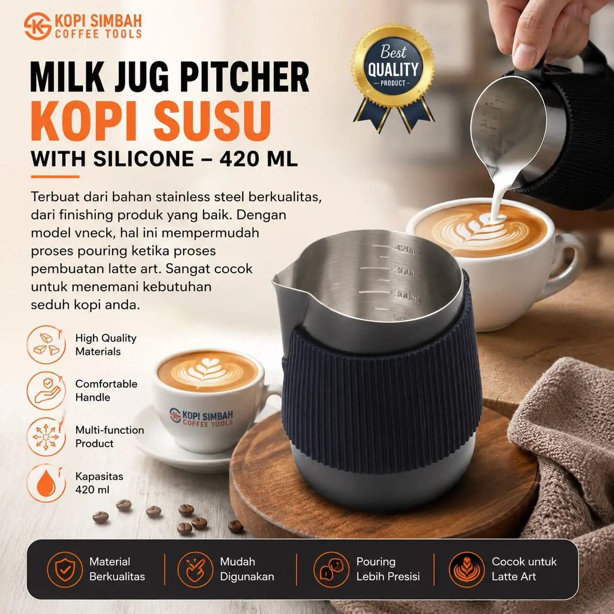 Milk Jug Stainless 420 ml with Silicone Pitcher Kopi Susu Late Art Handless Karet Rubber Hitam