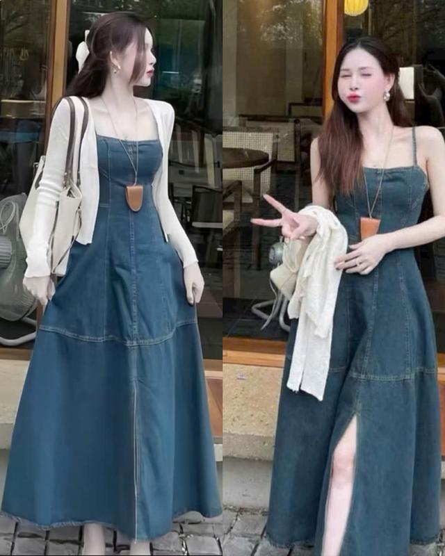 sét đồ đi chơi nữ váy jean hai dây dài kèm áo khoác ren tay dài sang chảnh cho các nàng diện đi chơi đi tiệc