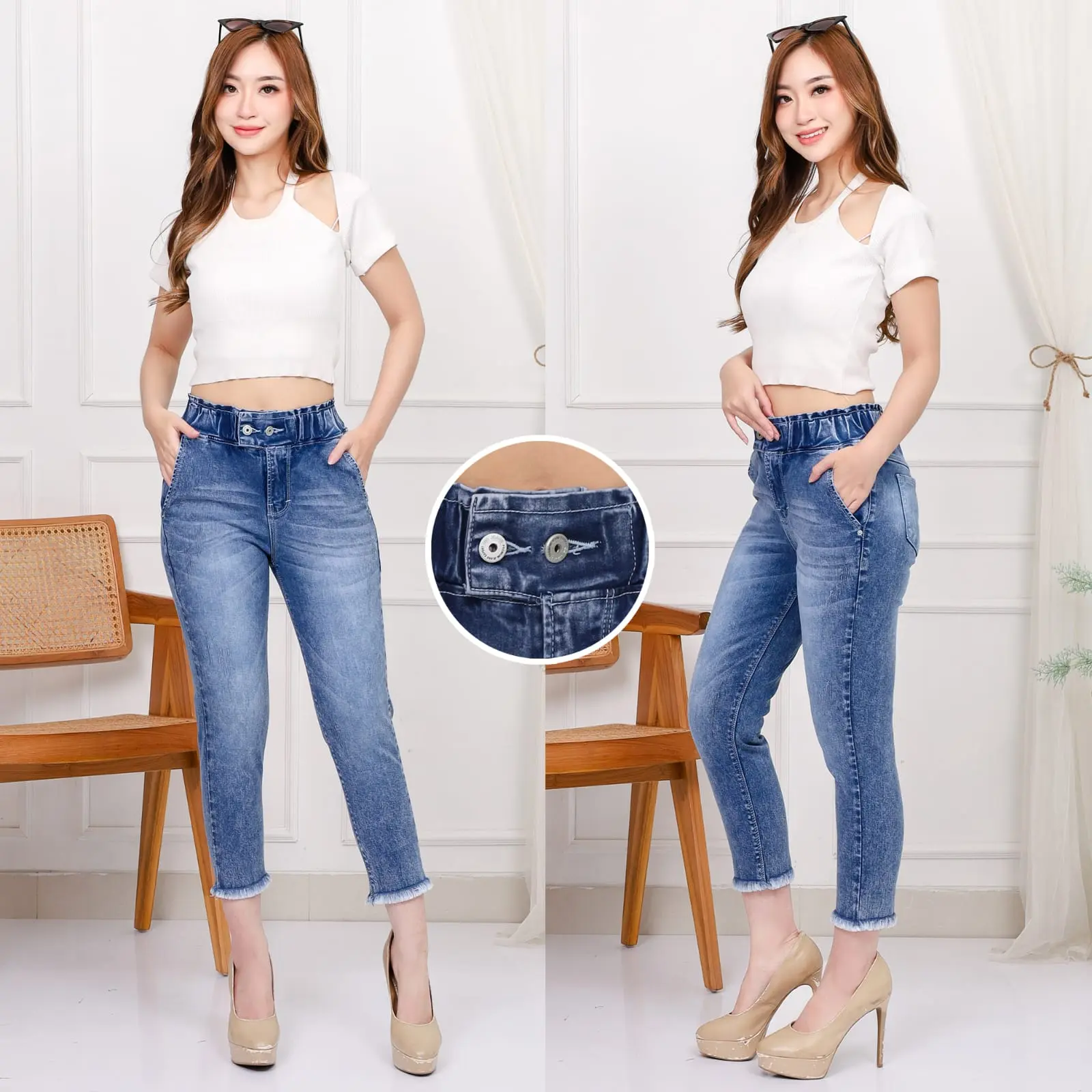 GoJeans JENNIE - Celana Jeans Wanita 7/9 JENNIE Pinggang Karet Kancing 2 Rawis -  Size 27-34 - Snow