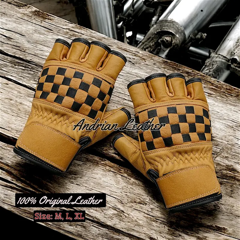 Sarung Tangan Motor Checkerboard Kulit Asli Retro klasik Pendek Setengah Jari Corak Catur warna untuk pria wanita 5