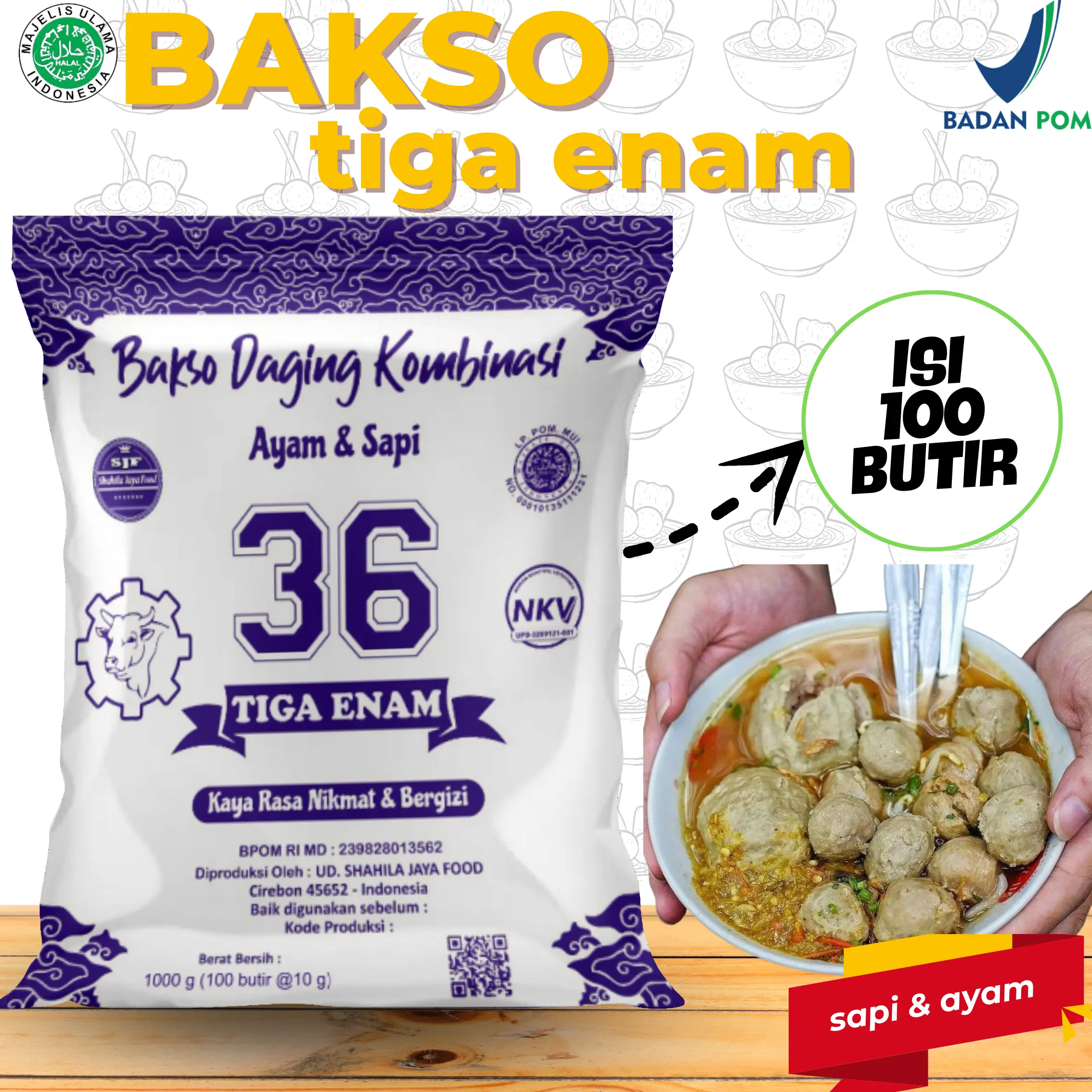 Bakso Shahila Ayam dan Sapi 36 Isi 100 Butir - Makanan Beku - Frozen, Food Instan Daging Meat