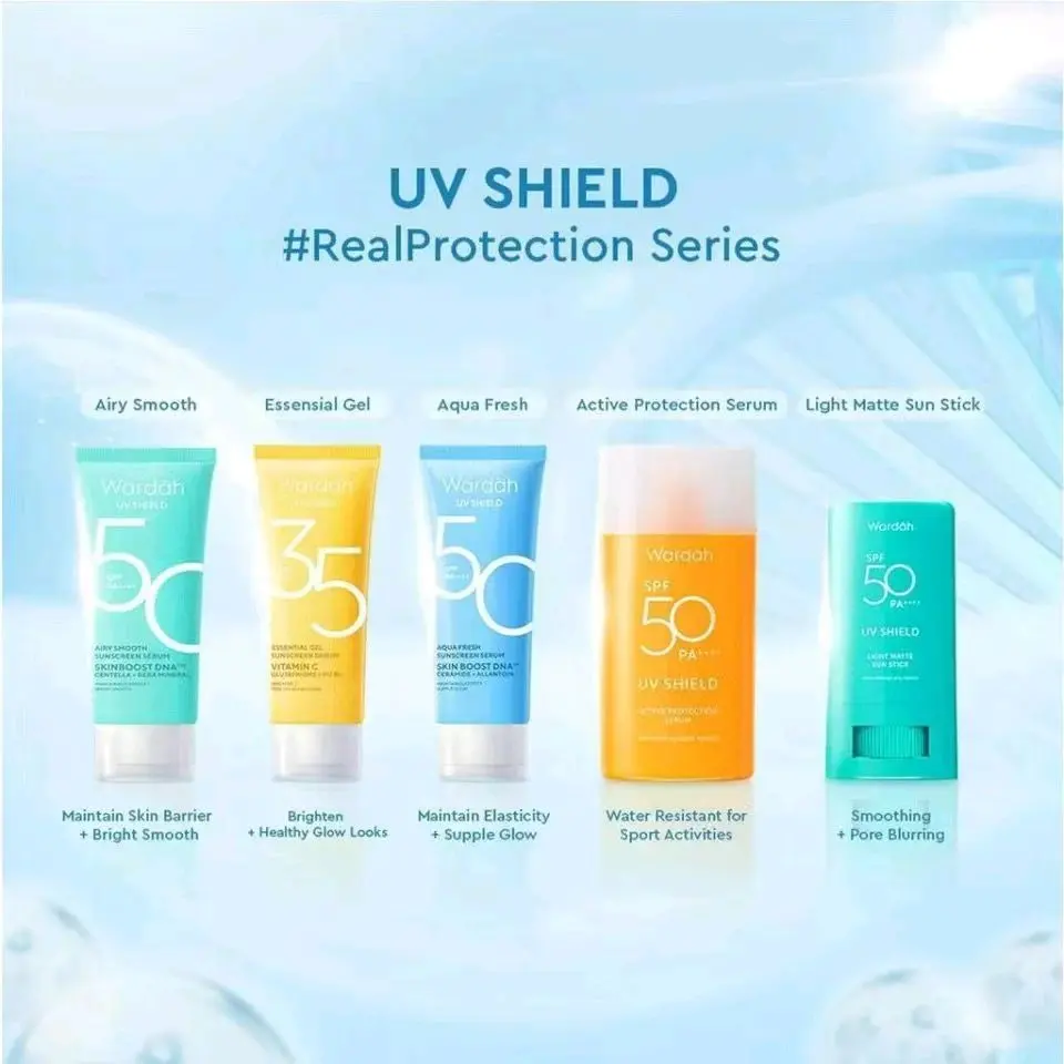 Wardah UV Shield sunscreen spf 50 PA +++ Aqua Acne protection serum gel/ Airy smooth serum/ shield sun stik/ acne SPF/ Physical