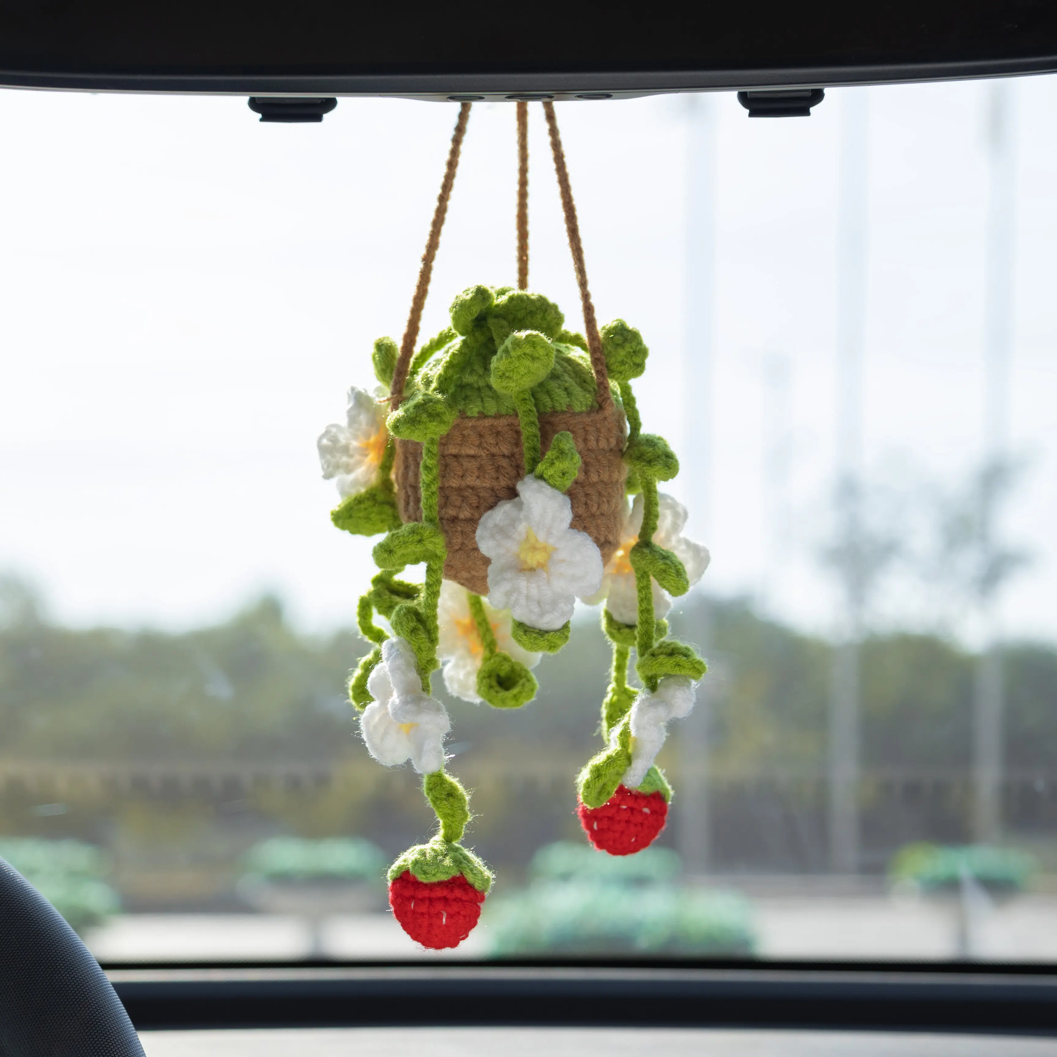 YSHomy Crochet Car Hanging with Crochet Strawberry for Car Decor, Handmade Car Mirror Hanging, Cute Car Charm Gift for Her