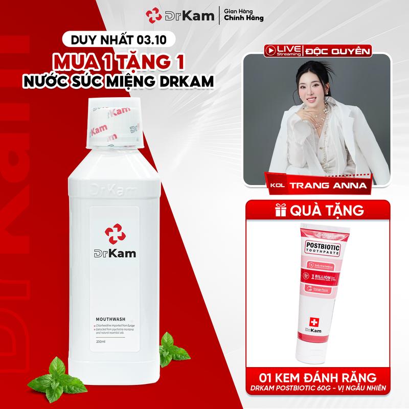   DEAL ĐỘC QUYỀN DrKam x Trang Anna  DrKam Nước Súc Miệng Chuẩn Y Khoa 250ml Ngừa Hôi Miệng Viêm Nướu Tặng 1 Kem Đánh Răng Sinh Học 60g 