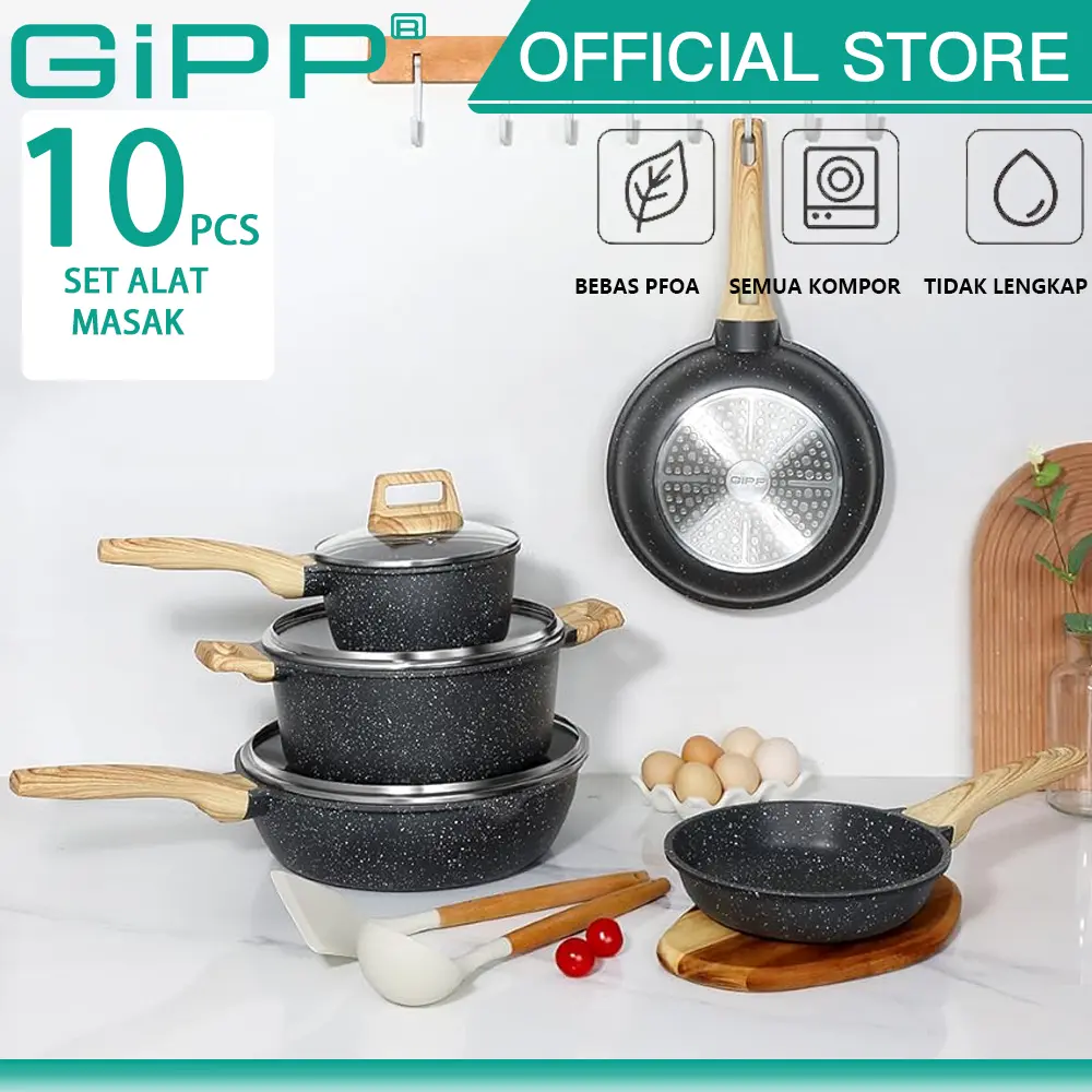 GiPP Panci Set Pots and Pans Set Non Stick - 10 Pcs Granite Kitchen Cookware Sets Nonstick Induction Cookware Pan Set dengan Pans Membakar, Saucepans dan Silicone Utensils, PFOS & PFOA Bebas