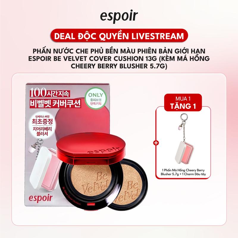  Phấn Nước Che Phủ Bền Màu Phiên Bản Giới Hạn Espoir Be Velvet Cover Cushion 13g  Kèm Má Hồng Cheery Berry Blusher 5.7gr  