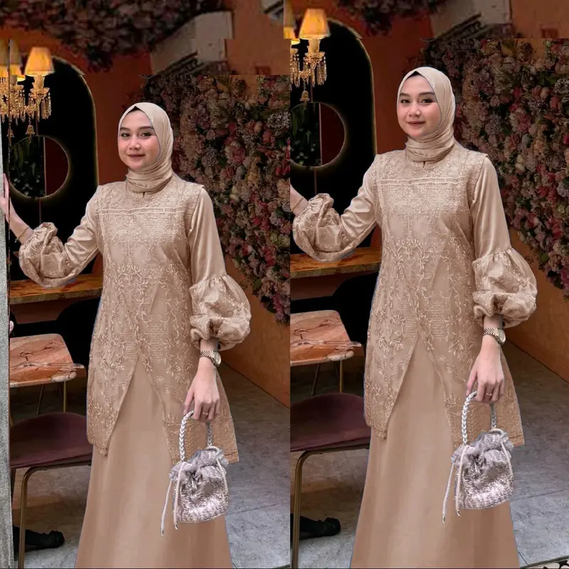 Gamis Farah / Maxi brukat / Muslim Wanita  Tile  Mutiara  Dress   Karet  Pesta  Mewah  Dalaman  Fit UK L DAN XL Kondangan Coklat Brokat Gaun 5