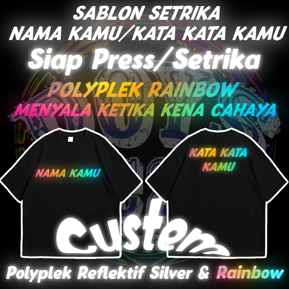 Sablon setrika siap press custem menyala polyplek rainbow Logo  Kaos Baju Anime Distro Printing Pria Keren Combed Tulisan Kata Wanita