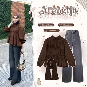 One Set Clean Outfit Korean (Blouse, Celana,Pashmina) Outfit 4 in 1 Wanita Remaja Kekinian - AV12