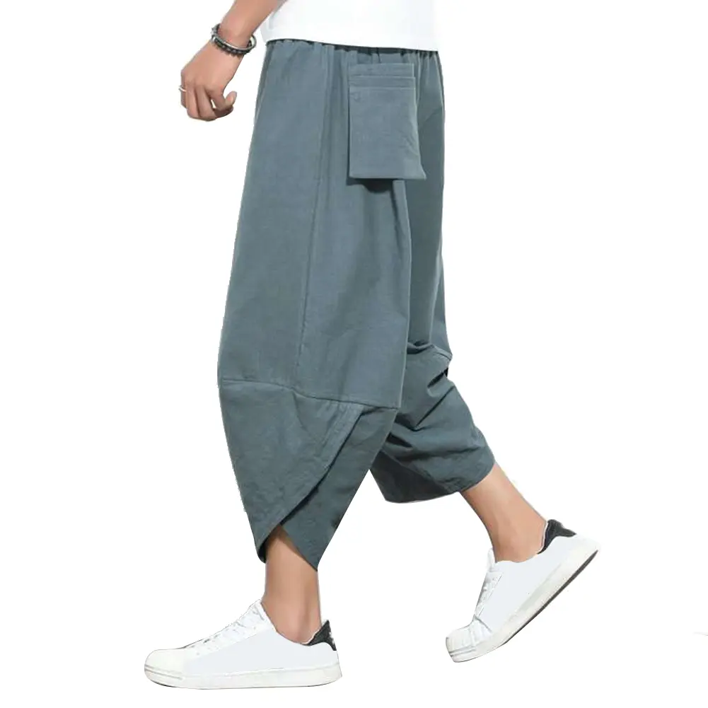 hwuaing Plus Size Men Solid Color Capri Pants Drawstring Oversize Samurai Trousers