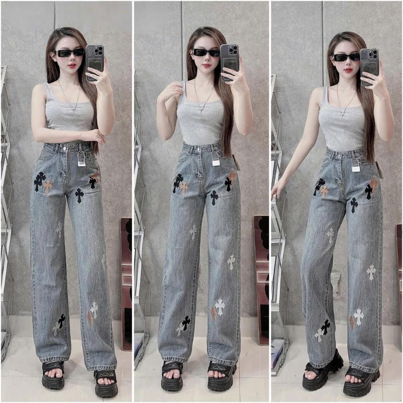 Quần jean ống suông MELINAJEAN quần bò ống suông nữ chữ thập xám khói hàng Quảng Châu size S M L SPG12