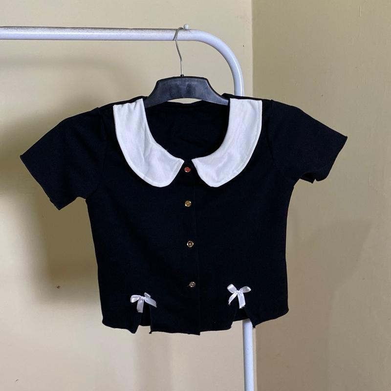 Aster croptop kerah collar kancing variasi pita aktif Nyaman Casual Atasan Pendek Wanita kerah bulat formal katun slit kancing gold Fit 1