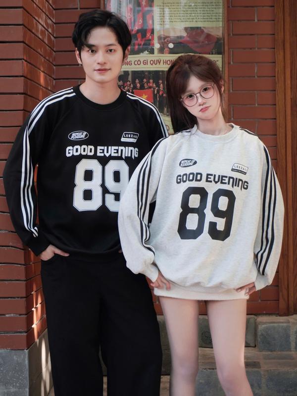 LEEZA - Áo Sweater In Số 89 GOOD EVENING nỉ 2 Da Cotton Nam Nữ Form Rộng 10.02 Phong Cách Đơn Giản Thời Trang áo nỉ sweater