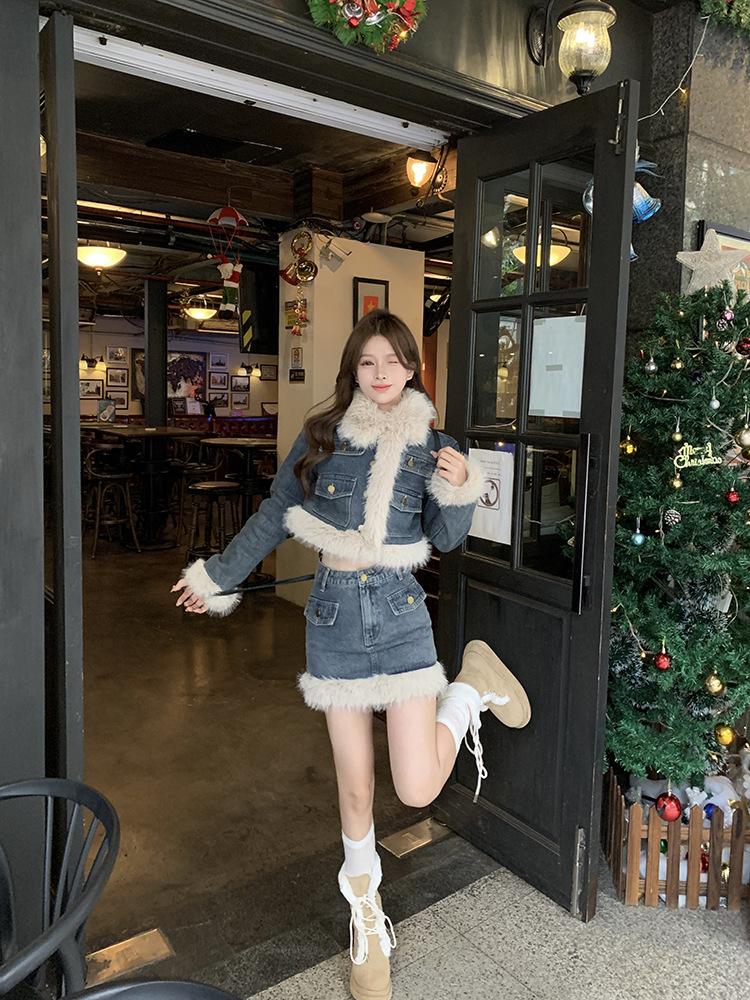 Product Introduction of Fujia Qianjin-Áo Khoác Denim Chần Bông Dày Lót Lông Cừu Cho Nữ, Váy Cạp Cao, Trang Phục Thời Trang Mới Mùa Đông 2023 24