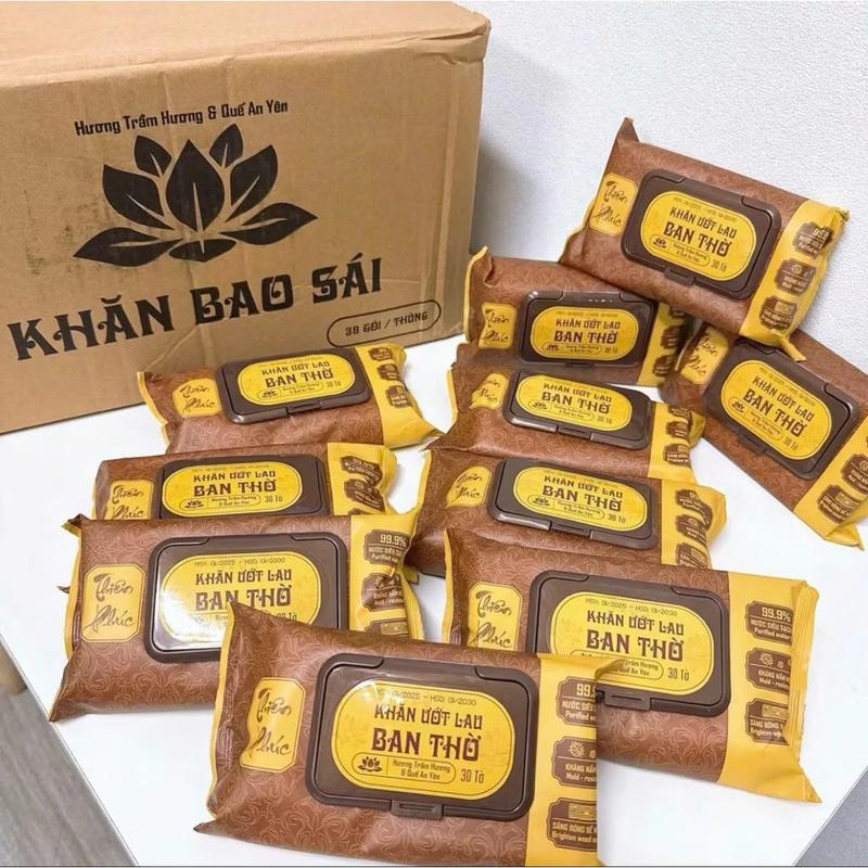 Thùng 10 Gói Khăn ướt dùng để bao sái ban thờ, tượng thờ, vật phẩm thờ cúng,…